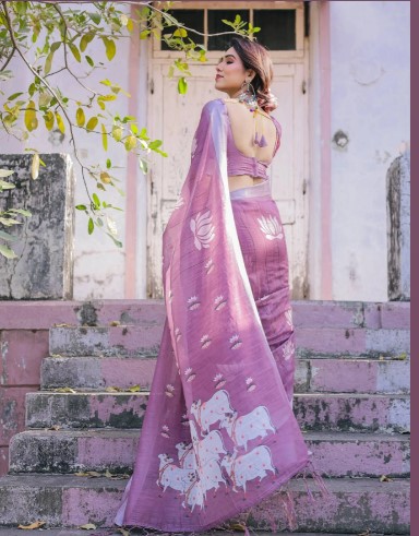 Lavender Linen Cotton Saree with Lotus and Cow Print